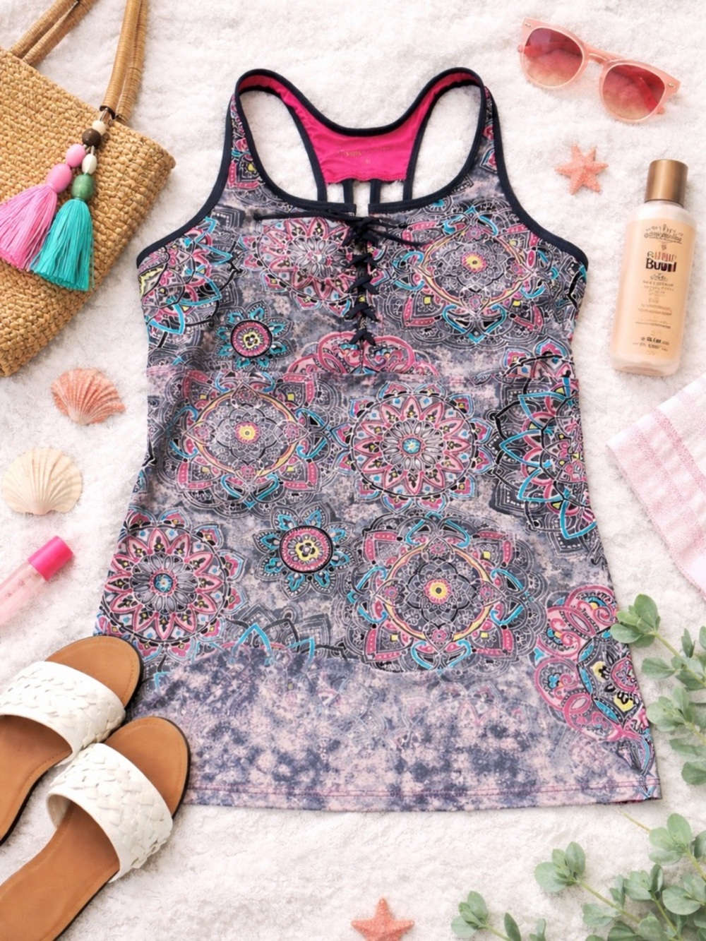 Women’s Racerback Tankini top - Pink Multi Mandala Print